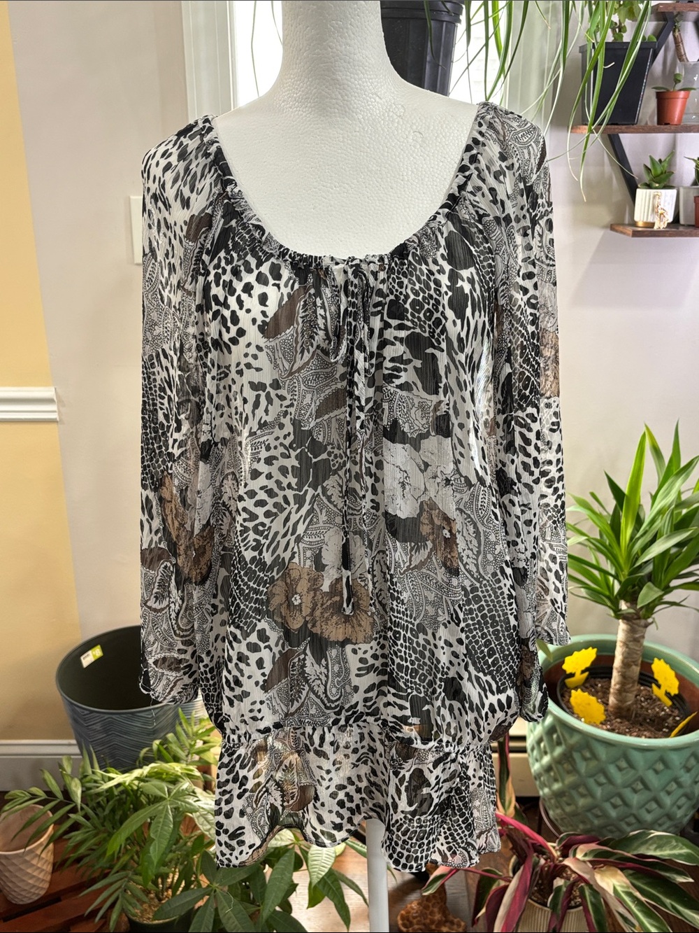 Boho Animal & Floral Print Peasant Blouse